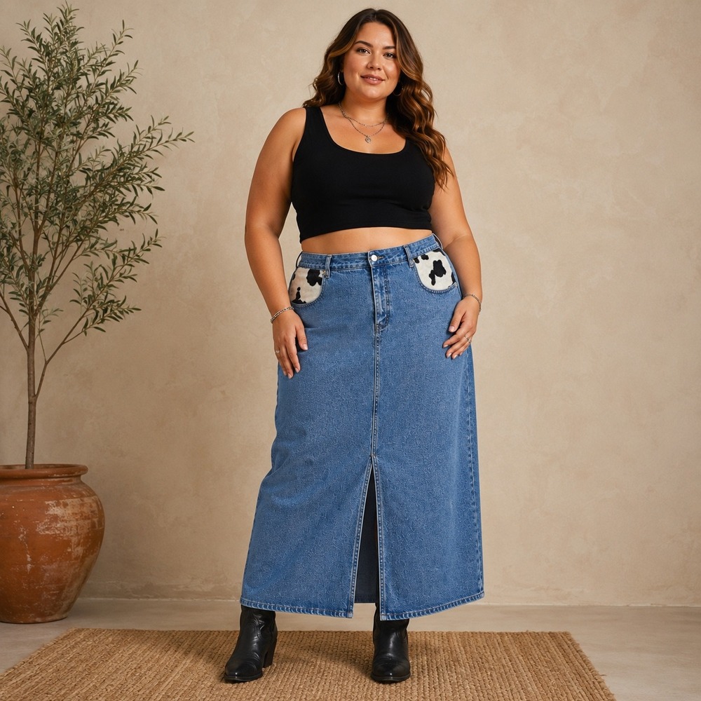 Vtg 90s Baccini Denim Maxi Skirt Womens 18 Cow Print Faux Fur Trim Western Blue